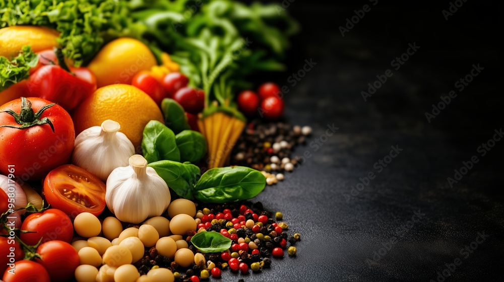 Realistic Food Composition Featuring Fresh Ingredients and Dishes, High-Quality Stock Image Emphasizing Culinary Delight, Texture, and Detail