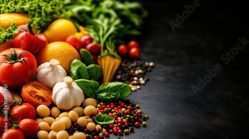 Realistic Food Composition Featuring Fresh Ingredients and Dishes, High-Quality Stock Image Emphasizing Culinary Delight, Texture, and Detail