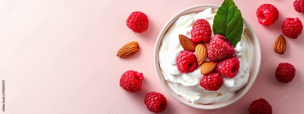A pink backdrop features a bowl of yogurt topped with raspberries, almonds, and a single leaf A pink backdrop features a bowl of yogurt topped with raspberries, almonds, and a single leaf