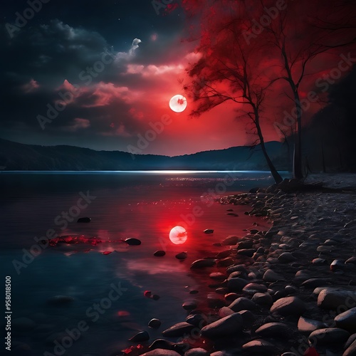 a full moon is reflected in the water and the moon is red.