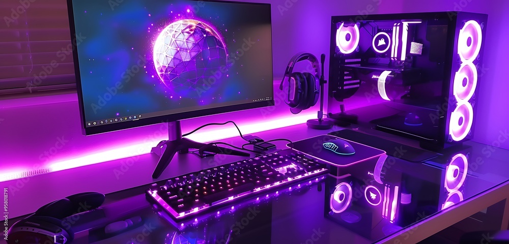Elegant gaming setup with purple RGB lights, sleek glass table, glowing mouse
