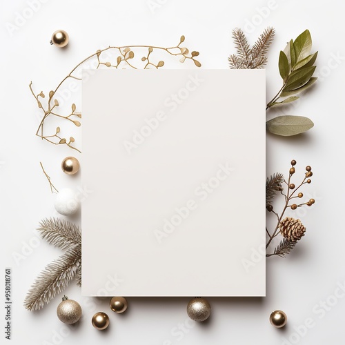 White blank paper greeting card with eco Christmas decorations, holidays festive mock up