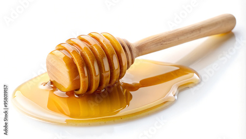 Side view Organic Honey with wooden dipper isolated on white background, healthy food, food