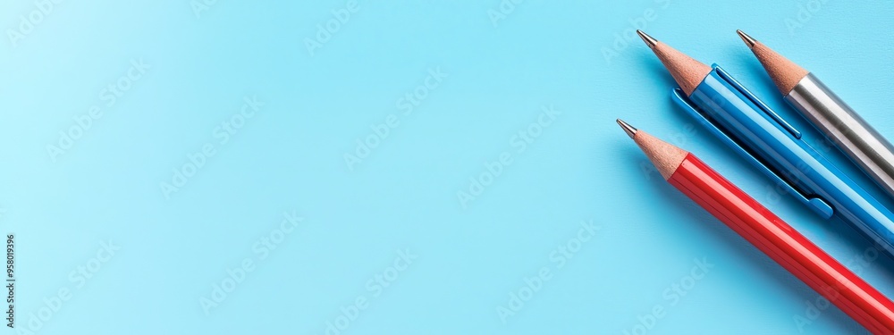 Two pencils aligned on a blue surface A red and blue eraser rests beside them Two pencils aligned on a blue surface A red and blue eraser rests beside them
