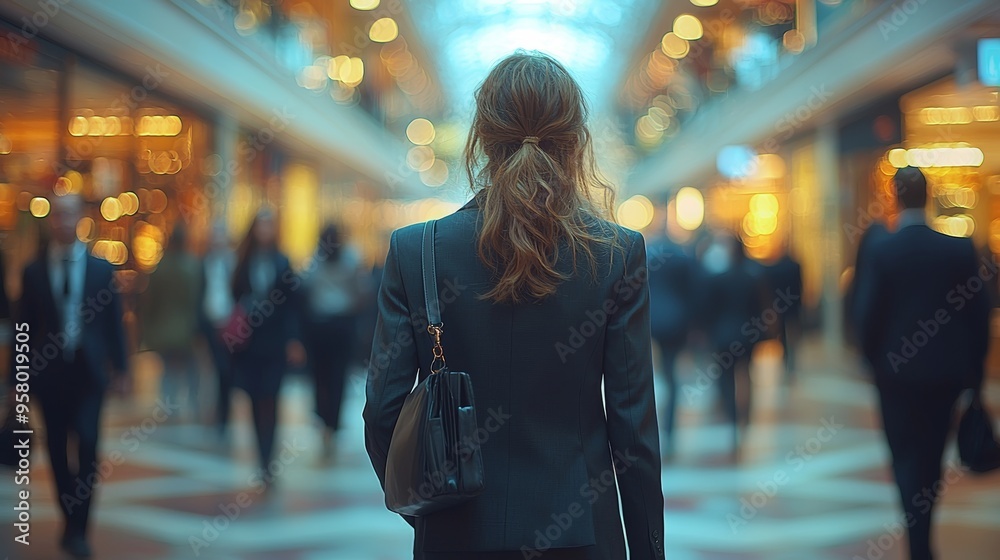 Professional woman walking through busy shopping area during the evening with soft lighting and blurred crowd in background Professional woman walking through busy shopping area during the evening with soft lighting and blurred crowd in background