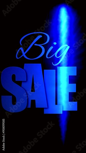 Moving stylish text about a big sale, on a dark blue background with a vertical neon beam of light.  Video for advertising and promotion of a sale.