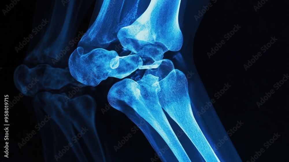X-ray image of a human knee joint, showing the bones and ligaments ...