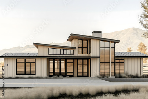 Exterior Elevations of Modern Mountain Ranch House 
