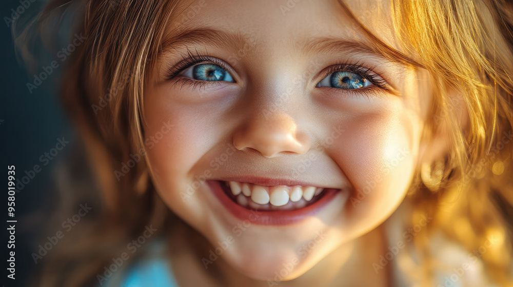 A close-up portrait of a joyful child with a big smile, her expressive eyes full of happiness and light. A close-up portrait of a joyful child with a big smile, her expressive eyes full of happiness and light.