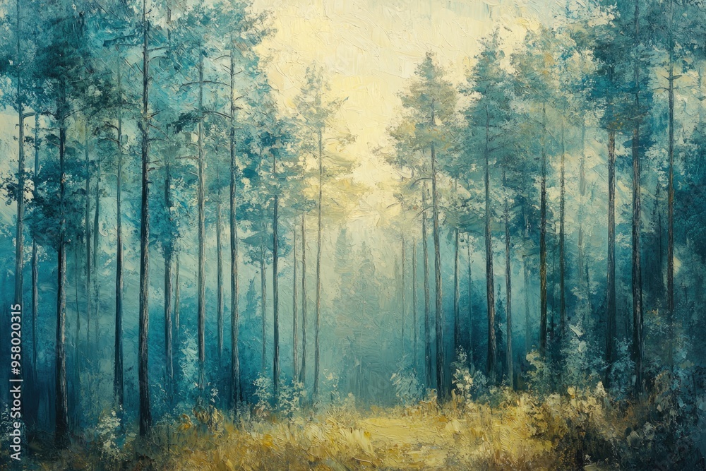 Oil painting depicting a vibrant summer landscape showcasing tall pine trees in a serene forest setting Oil painting depicting a vibrant summer landscape showcasing tall pine trees in a serene forest setting