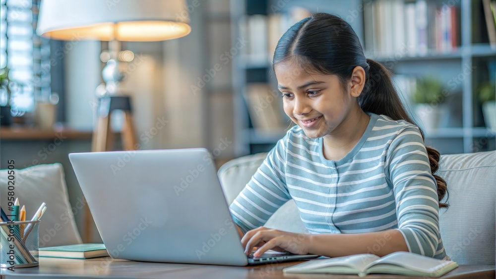 An Indian teenager student girl using a laptop for studying at home, representing online education and remote learning.