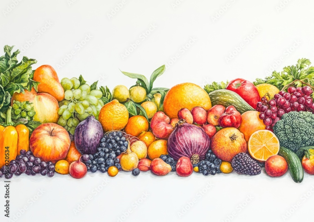 Panoramic oil painting featuring a vibrant assortment of fruits and vegetables presented against a white backdrop showcasing a variety of colors and textures Panoramic oil painting featuring a vibrant assortment of fruits and vegetables presented against a white backdrop showcasing a variety of colors and textures