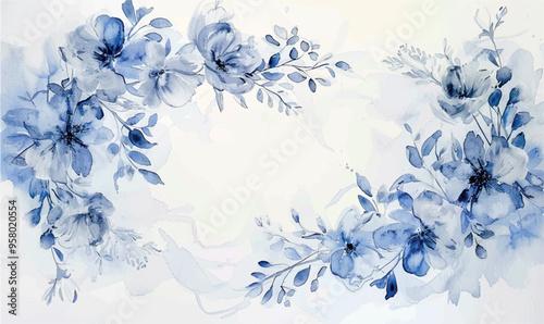 unique blue watercolor background handpainting texture pattern, flowers