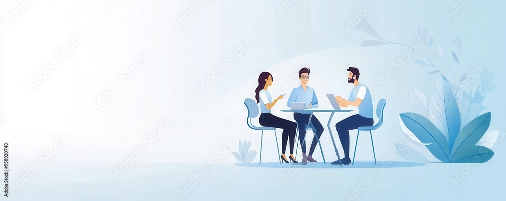 Fototapeta premium A modern illustration of three professionals collaborating at a table in a bright, serene environment, symbolizing teamwork and innovation.