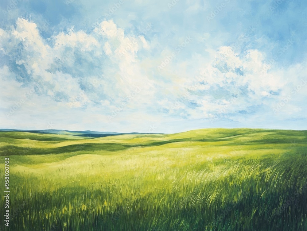 Obraz premium Oil painting depicting a vast expanse of lush green grass in a meadow setting