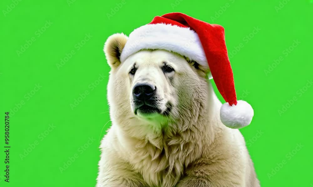 A polar bear wearing a Santa hat. The bear is standing on a green background. The image conveys a festive and joyful mood, as the polar bear is dressed up in a Christmas hat