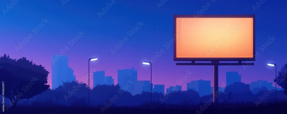 A serene twilight scene featuring an empty billboard in an urban landscape, perfect for advertising or creative projects. A serene twilight scene featuring an empty billboard in an urban landscape, perfect for advertising or creative projects.