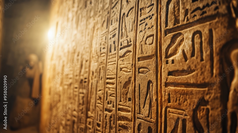 The wall is covered in hieroglyphics, which are ancient Egyptian symbols. The wall is illuminated by a light, creating a mysterious and intriguing atmosphere. The hieroglyphics depict a man The wall is covered in hieroglyphics, which are ancient Egyptian symbols. The wall is illuminated by a light, creating a mysterious and intriguing atmosphere. The hieroglyphics depict a man