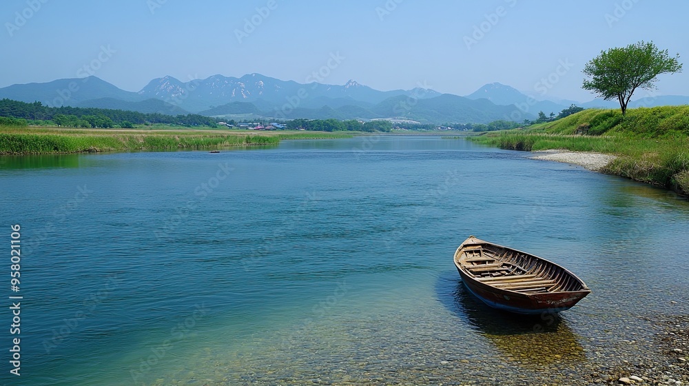 26. A peaceful Korean river landscape, with traditional fishing nets set up along the banks, a small wooden boat drifting on the water, and mountains in the distance 26. A peaceful Korean river landscape, with traditional fishing nets set up along the banks, a small wooden boat drifting on the water, and mountains in the distance