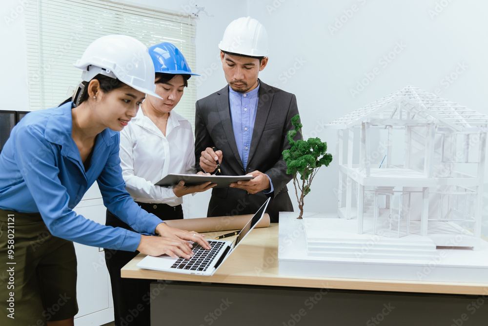 A team of architects and engineers work together in brainstorming sessions, discussing blueprints and construction plans for a real estate development.