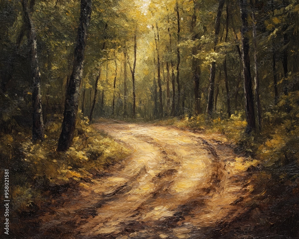 Fototapeta premium Oil painting depicting a dirt road through a forested area showcasing the natural landscape and muddy terrain