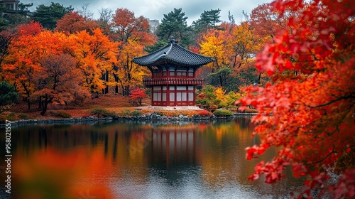 12. A serene view of a traditional Korean pagoda surrounded by autumn foliage, with vibrant red and orange maple leaves, and a calm pond reflecting the scene