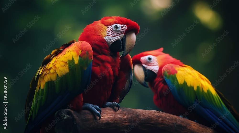 Close-up of two vibrant parrots perched on a branch, displaying their colorful feathers against a soft blurred background. Close-up of two vibrant parrots perched on a branch, displaying their colorful feathers against a soft blurred background.