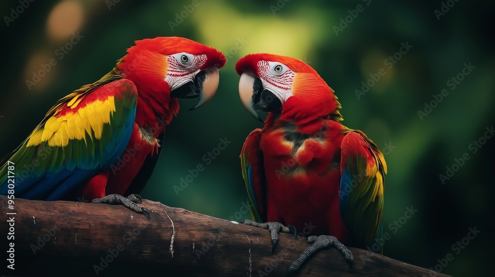 Colorful pair of parrots sitting on a branch in a forest setting, their vivid feathers adding contrast to the natural background. Colorful pair of parrots sitting on a branch in a forest setting, their vivid feathers adding contrast to the natural background.