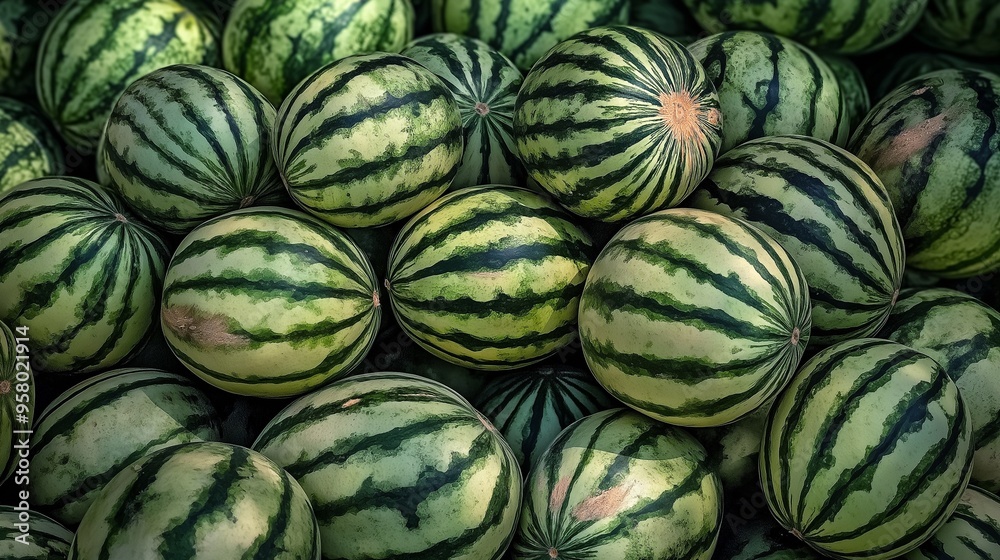 A pile of green and black striped watermelons freshly harvested, showcasing their vibrant patterns and freshness in a market setting. A pile of green and black striped watermelons freshly harvested, showcasing their vibrant patterns and freshness in a market setting.