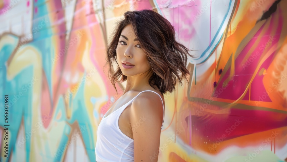 Fototapeta premium Urban street young woman with captivating eyes and windswept hair poses against a vibrant graffiti wall, her natural beauty radiating amidst the urban standing in front of a colorful, abstract mural