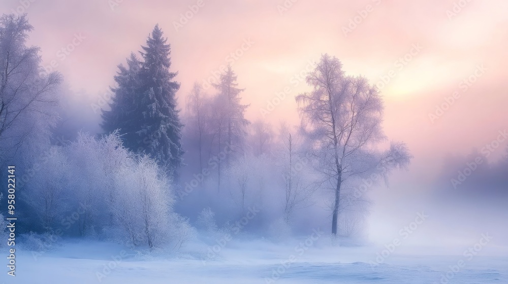 Wintry forest blanketed in ice crystals at dawn's misty glow. Wintry forest blanketed in ice crystals at dawn's misty glow.
