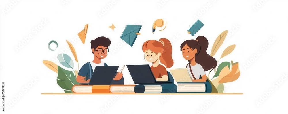 Three students collaborating on a project, sharing ideas with laptops and books in a vibrant and creative environment. Three students collaborating on a project, sharing ideas with laptops and books in a vibrant and creative environment.