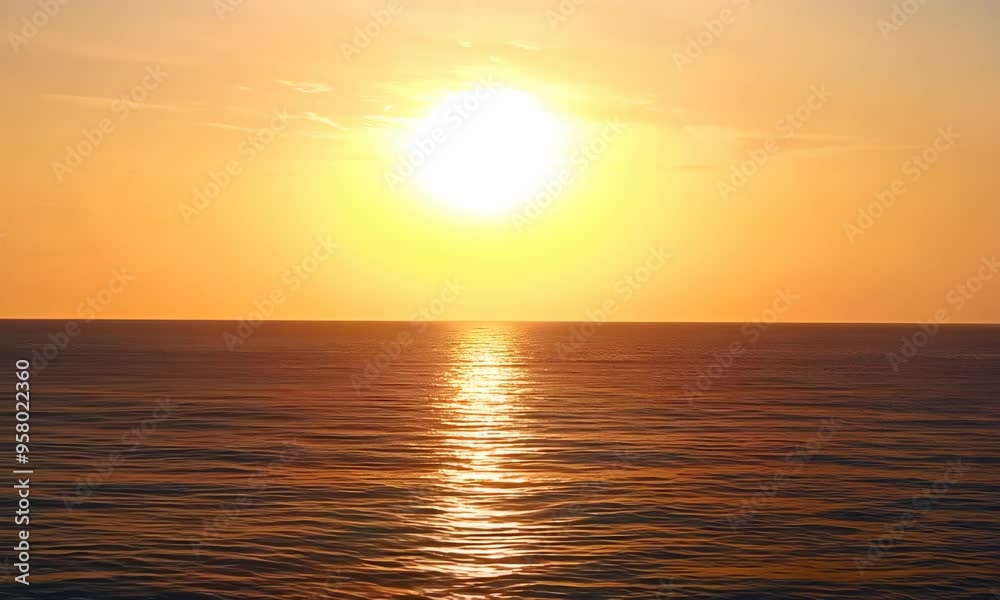 The sun is setting over the ocean, casting a warm glow on the water. The sky is a mix of orange and pink hues, creating a serene and peaceful atmosphere. The water is calm The sun is setting over the ocean, casting a warm glow on the water. The sky is a mix of orange and pink hues, creating a serene and peaceful atmosphere. The water is calm