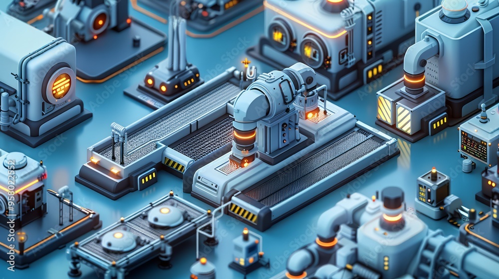 Advanced factory with AI-operated systems, IoT devices monitoring efficiency, smart technology, high-tech industrial design, seamless automation Advanced factory with AI-operated systems, IoT devices monitoring efficiency, smart technology, high-tech industrial design, seamless automation