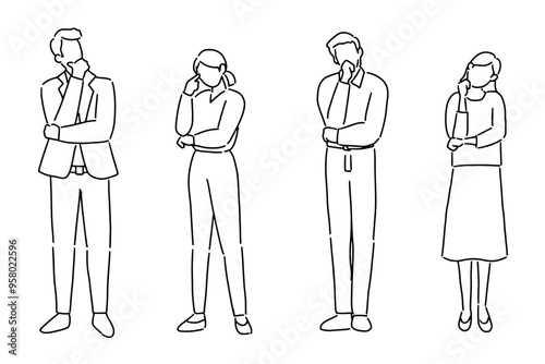 考える、腕を組む人のベクターイラスト、線画の男女のイラスト