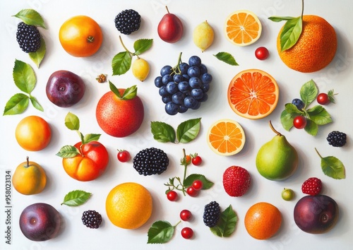 Oil painting showcasing a variety of fruits and berries isolated on a white background viewed from above