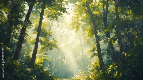 Vertical oil painting of lush green forest trees with sunlight filtering through creating a serene natural backdrop