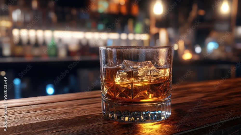 A wide glass of scotch or whiskey with a frosty pattern on a wooden bar counter. Free space for product placement or advertising text. A wide glass of scotch or whiskey with a frosty pattern on a wooden bar counter. Free space for product placement or advertising text.