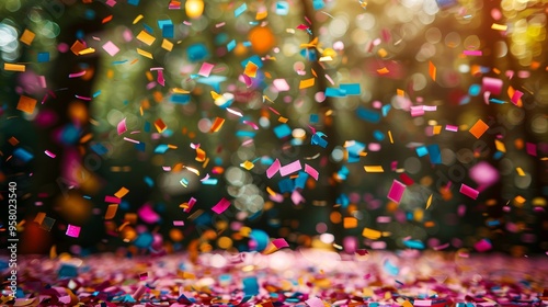 Colorful confetti decorates a sunlit forest clearing during a joyful celebration in the warm afternoon