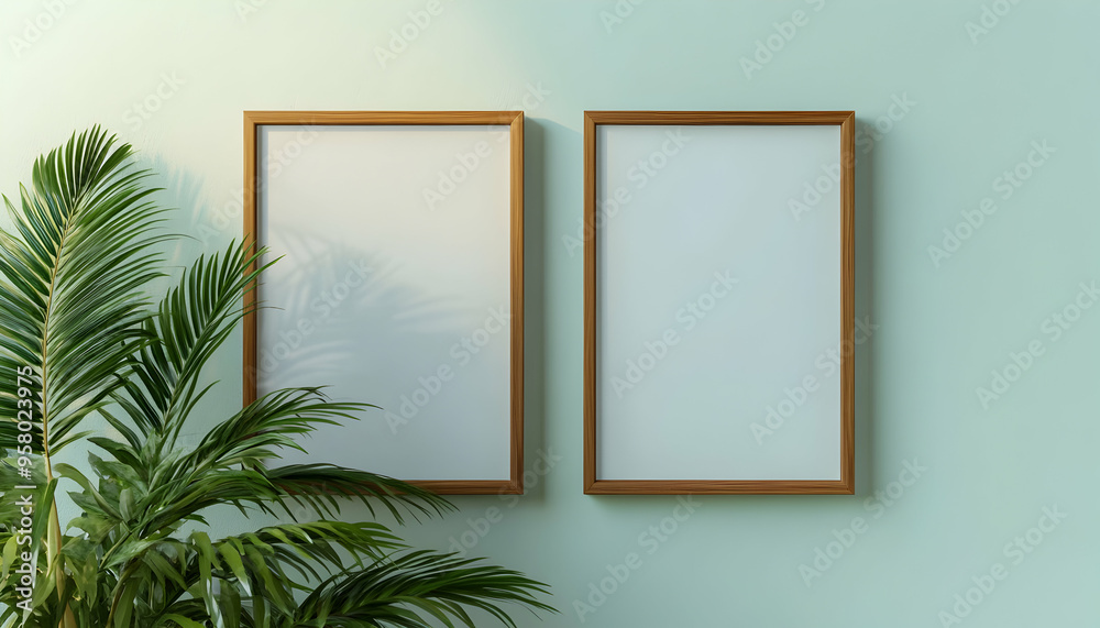 Two blank frames on a green wall, with a palm leaf plant to the left. Two blank frames on a green wall, with a palm leaf plant to the left.