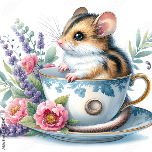 The Dormouse in Teacup, watercolor clipart illustration with isolated background