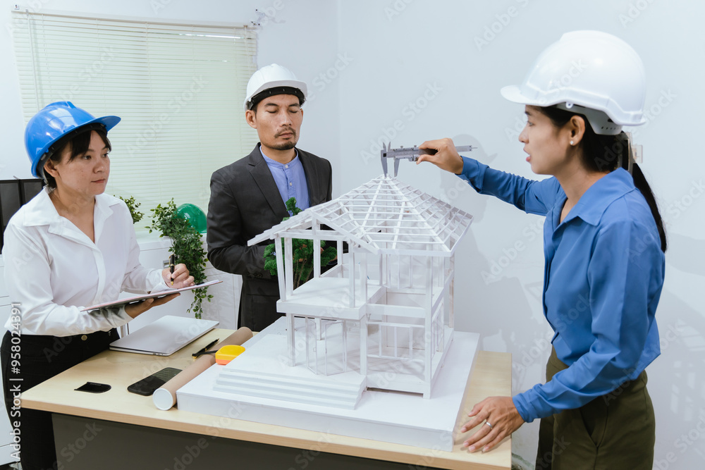 An office filled with a diverse team of professionals brainstorming and discussing computers and blueprints. An environment that showcases modern architecture and collaborative teamwork. An office filled with a diverse team of professionals brainstorming and discussing computers and blueprints. An environment that showcases modern architecture and collaborative teamwork.