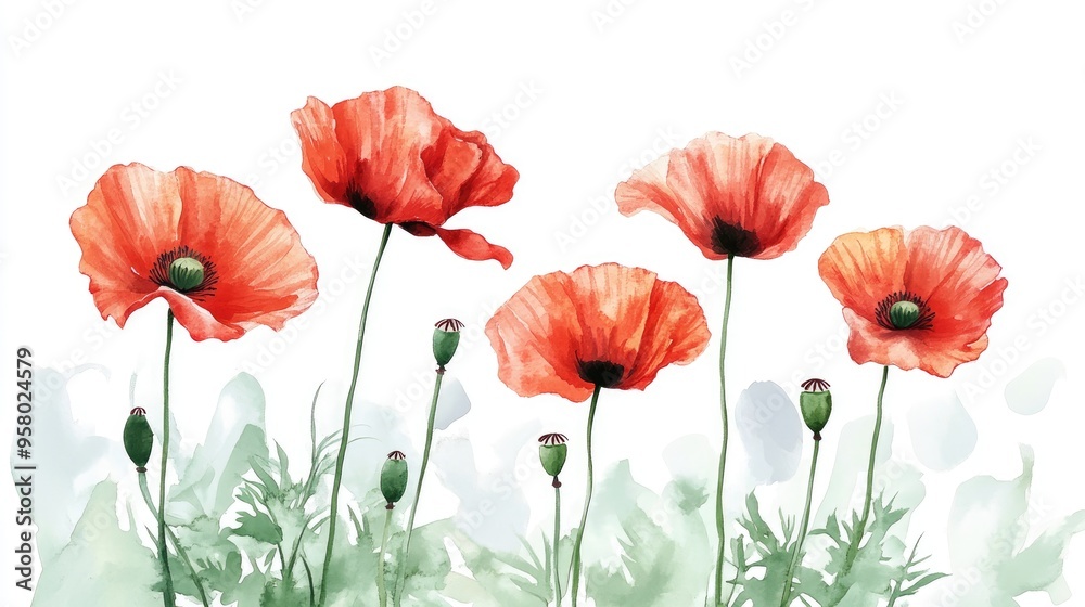 Fototapeta premium Vibrant Watercolor Poppies: A Captivating Floral Artwork Celebrating Nature's Beauty