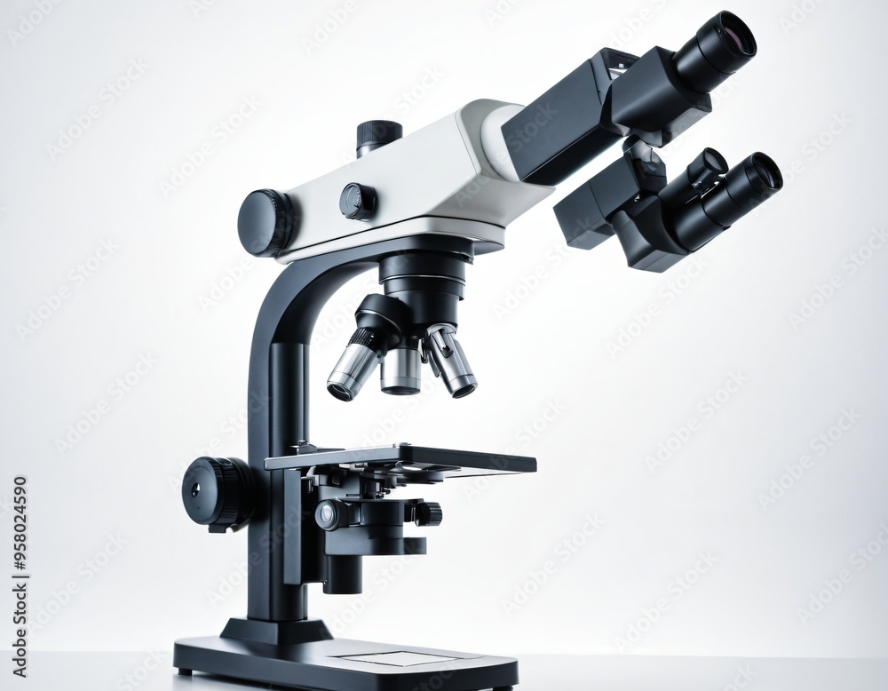 Modern microscope isolated on white. Medical equipment. Ai generated image Modern microscope isolated on white. Medical equipment. Ai generated image