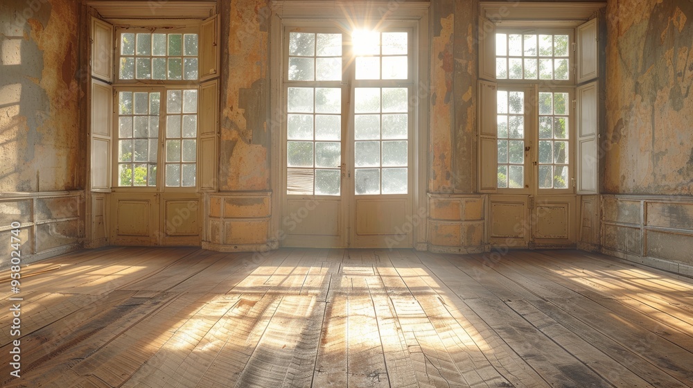 Sunlight streaming through windows in an abandoned room with peeling walls and wooden floorboards during the early morning hours Sunlight streaming through windows in an abandoned room with peeling walls and wooden floorboards during the early morning hours