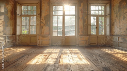 Sunlight streaming through windows in an abandoned room with peeling walls and wooden floorboards during the early morning hours