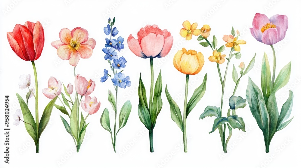 Fototapeta premium Stunning Watercolor Floral Illustration Showcasing a Vibrant Collection of Seasonal Flowers and Unique Varieties