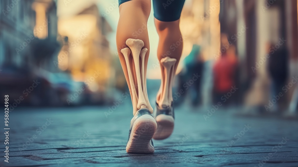 Runner's legs with visible bones in a city street. Runner's legs with visible bones in a city street.