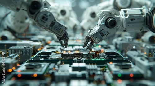 Close-up of robotic arms assembling electronic components in a high-tech manufacturing plant, precision and speed, advanced technology