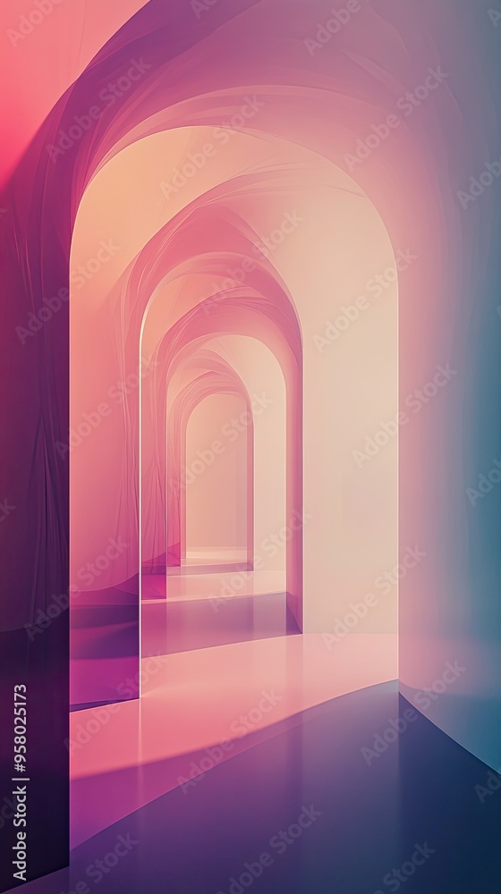Fototapeta premium A mesmerizing abstract corridor with smooth arches, blending soft colors and light for a dreamlike atmosphere.